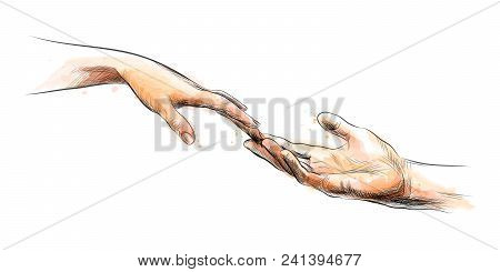 Colored Sketch Touching Hands From A Splash Of Watercolor. Vector Illustration Of Paints
