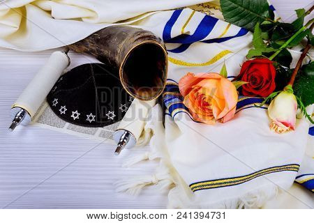 Judaism Religious Services In A Synagogue. Torah Scrolls And A Shofar Musical Horn,