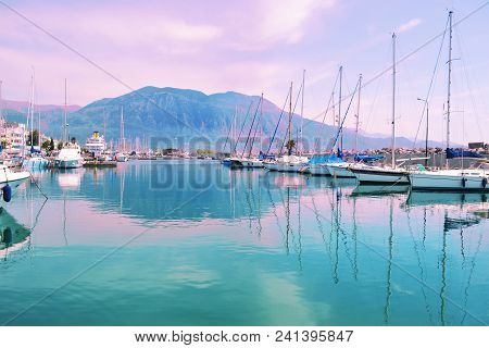Pink Sunset Landscape At Kalamata Harbor Peloponnese Greece