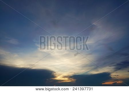 Beautiful Nature Blue Sky With Clouds In The Evening, Colorful Sky As A Background, Cloudscape Conce