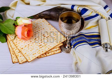 Pesah Celebration Concept Jewish Passover Holiday Matzoh And Red Sweet Wine And Spring Flowers