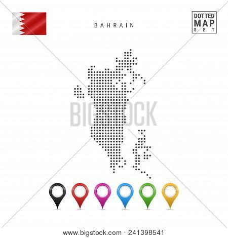 Dotted Map Of Bahrain. Simple Silhouette Of Bahrain. The National Flag Of Bahrain. Set Of Multicolor
