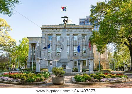 Raleigh, Nc - April 17, 2018: North Carolina Veterans Monument On The Grounds Of The North Carolina 