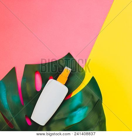 Tropical Jungle Palm Monstera Leaves And Sunscreen Blank Bottle Mockup On Bright Square Yellow And P
