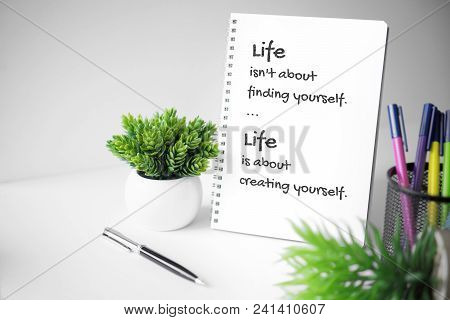 Motivational And Inspirational Quote. Wisdom Quote About Life. Notebook With Potted Plant.