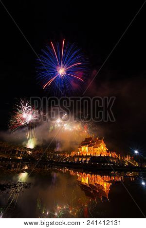 Fireworks Celebrate The New Year 2018 At Rajapruek Royal Park, Chiang Mai With Beutiful Light Of Hor