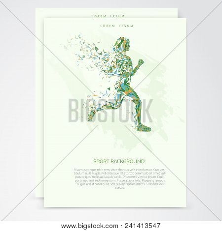 Abstract Fitness Background. Cover Template. Low Poly  Jogging Girl With Wings Of Triangular Particl