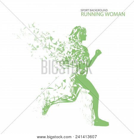 Abstract Fitness Background. Cover Template. Low Poly  Jogging Girl With Wings Of Triangular Particl