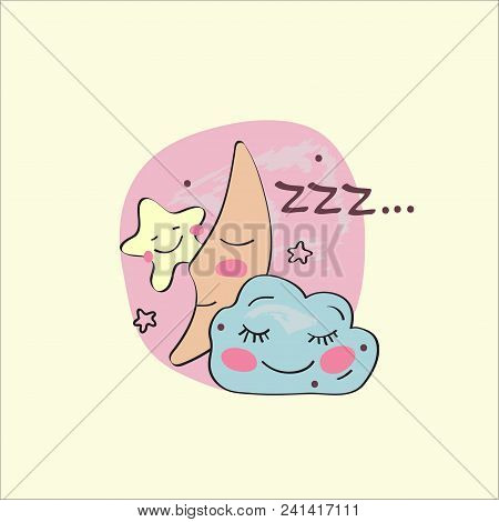 Crescent Moon, Star And Cloud Sleeping In Sky With Sound Of Zzz, Z, Banner Of Good Night, Sweet Drea