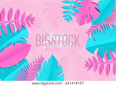 Summer Tropical Palm Leaves, Plants In Trandy Paper Cut Style. Exotic Blue Pink Leaves On Light Pink