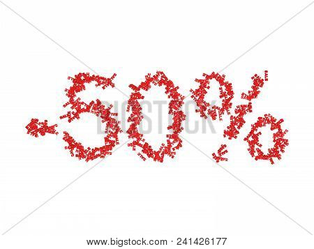 3d Illustration Of 50 Fifty Percent - Discount. Fifty Percentages. Red Sale 50%, Isolated On White. 