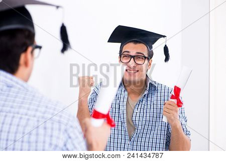 Young student planning graduation speech in front of mirror