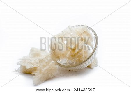 Popular Indian And Asian Sweet Milk Dessert China Grass Or Halwa Grass In A Bowl Isolated On White.