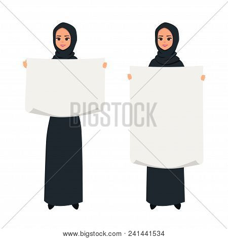 Cartoon Arab Woman Character With Black Hijab. Smiling Girl In Hijab Presenting Something With A Pos