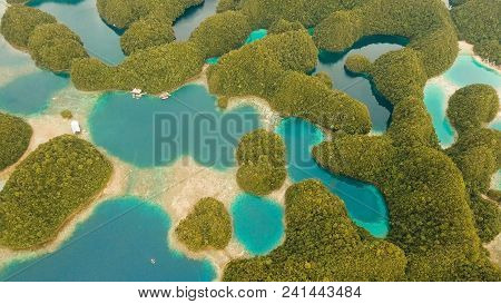 Aerial View: Bucas Grande Island, Sohoton Cove. Philippines. Tropical Sea Bay And Lagoon, Beach. Tro