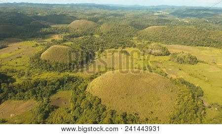 Amazingly Shaped Chocolate Hills On Sunny Day On Bohol Island, Philippines. Aerial View Chocolate Hi