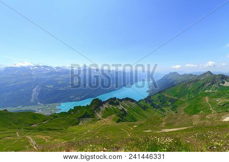 Aerial View Of The Brienz Lake And The Alps From Brienzer Rothorn On Bernese Oberland Near The Famou