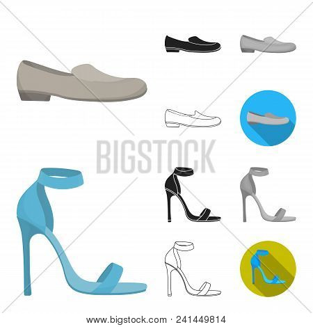 A Variety Of Shoes Cartoon, Black, Flat, Monochrome, Outline Icons In Set Collection For Design. Boo