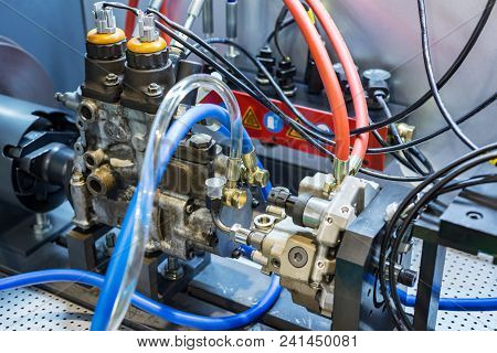 Stand For Checking And Adjusting Injection Pump. Modern Equipment For Car Repair.