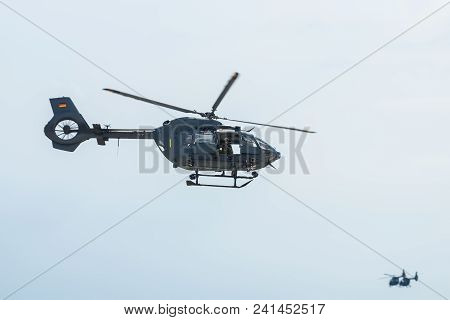 Berlin, Germany - April 26, 2018: Demonstration Flight Of Of The Utility Helicopter Airbus Helicopte