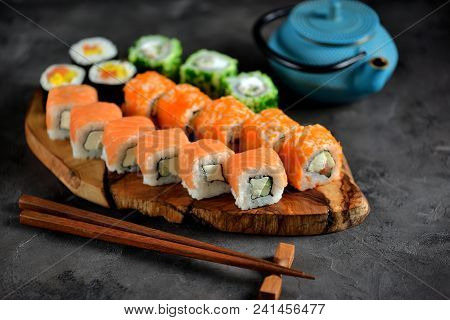 Sushi Philadelphia And California On A Wboard.ooden Olive