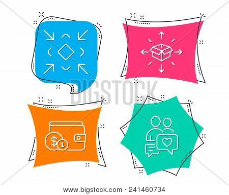 Set Of Buying Accessory, Minimize And Parcel Delivery Icons. Dating Chat Sign. Wallet With Coins, Sm