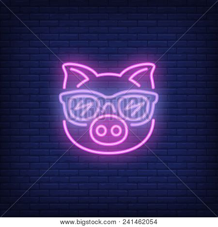 Cute Cartoon Pink Pig In Sunglasses. Neon Sign Element. Night Bright Advertisement. Vector Illustrat