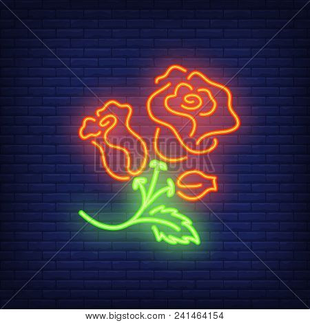 Rose Bush Neon Sign Element. Flower Concept For Night Bright Advertisement. Vector Illustration In N