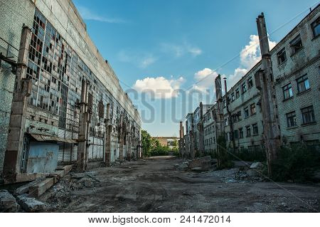 Apocalyptic Concept, Abandoned City Background, Ruined Buildings, Decay Constructions After Disaster