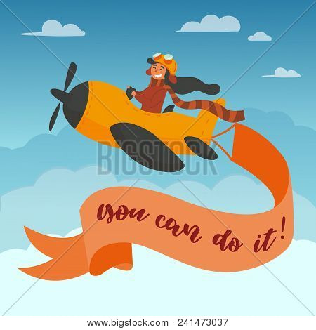 You Can Do It Lettering. Motivational And Inspirational Advertisment Poster. Cute Boy Pilot In Googl