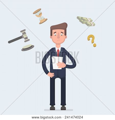 Sad Broken Businessman Standing With Legal Paper Or Bill In Hands. Afraid Of Sentence Or Prosecution