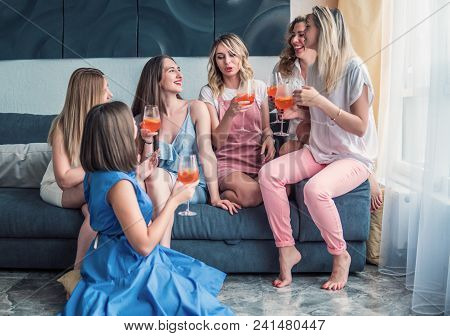 Girls Party. Beautiful Women Friends Having Fun At Bachelorette Party. They Are Celebrating And Drin