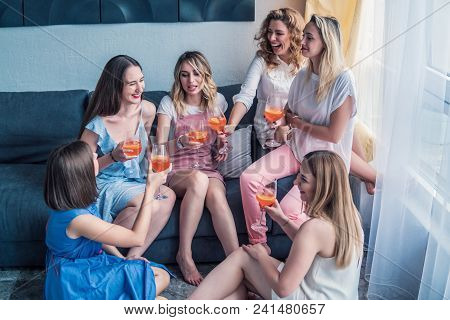 Girls Party. Beautiful Women Friends Having Fun At Bachelorette Party. They Are Celebrating And Drin