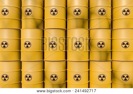 Yellow Radioactive Waste Barrels - Nuclear Waste Dumping Concept. 3d Rendered Illustration.