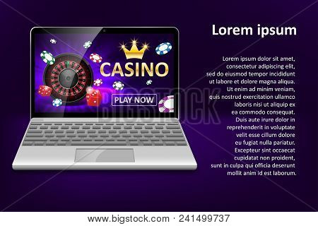 Internet Casino Marketing Template With Laptop, Dice, Poker, Roulette Wheel And Casino Chips. Web Po