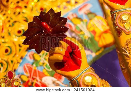 Chakra On The Finger Of Godess Durga. Hindu Mythology Idol Worship