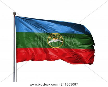 National Flag Of Karachay Cherkessia On A Flagpole, Isolated On White Background.