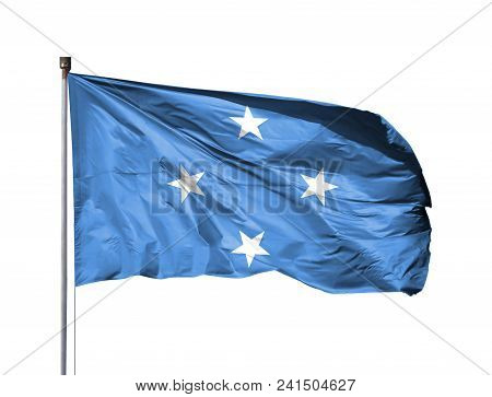National Flag Of Micronesia On A Flagpole, Isolated On White Background.