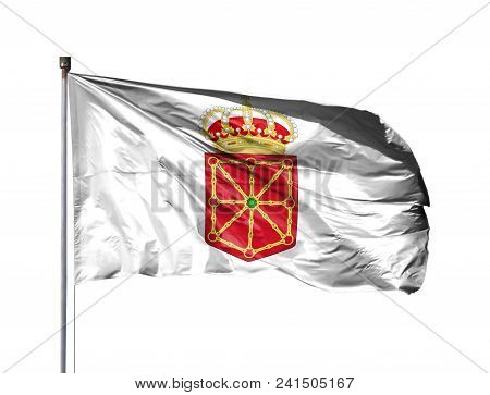 National Flag Of Navarra Coat Of Arms On A Flagpole, Isolated On White Background.