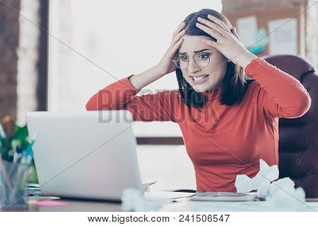 Modern Technology Financier Economist People Person Concept. Hulf-turned Portrait Of Sad Unhappy Ups