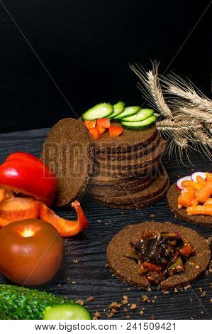 Towel Of Black Bread Gallets With Vegetables - Cucumber, Radish, Red Paprika, Mini Carrot, Eggplant 