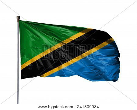 National Flag Of Tanzania On A Flagpole, Isolated On White Background.