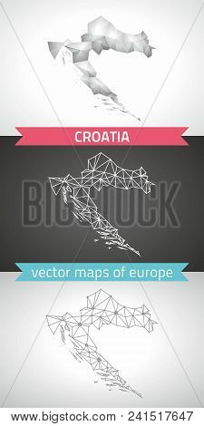 Croatia Set Of Grey And Silver Mosaic 3d Polygonal Maps. Graphic Vector Triangle Geometry Outline Sh