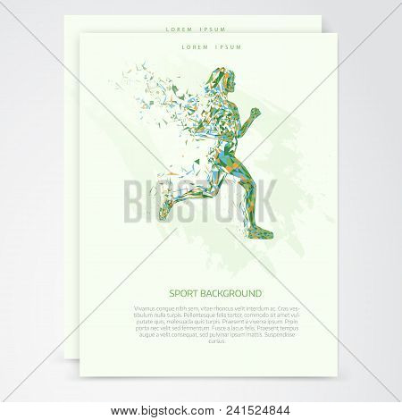 Abstract Fitness Background. Cover Template. Low Poly  Jogging Girl With Wings Of Triangular Particl