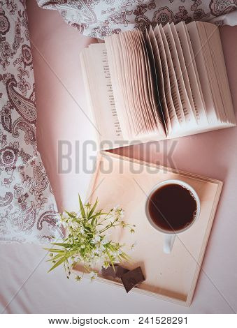 Spring Still Life. Lazy Break In Bed. Sweet Home. Books, Flowers And Coffee Cup. Flat Lay