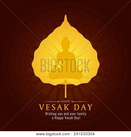 Vesak Day Banner Card With Gold Buddha Sign On Gold Bodhi Leaf Vector Design