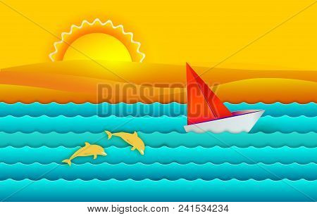 Paper Art Cut Out Style Summer Landscape With Sea Waves, Sailfish, Two Dolphines And Yellow Sky. Ret