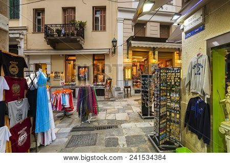 Athens, Greece - May19, 2018: Tourist Shops In The Main Shopping District Of Plaka Neighbourhood In 