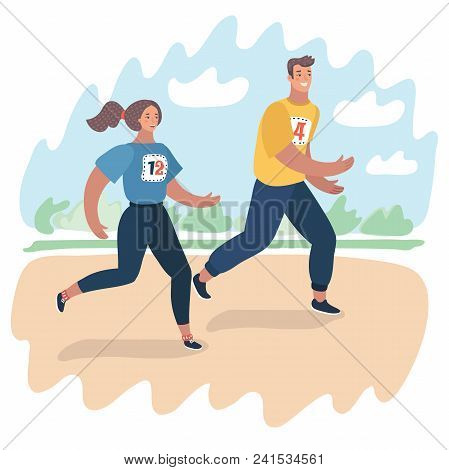 Vector Cartoon Illustration Of Cartoon Couple Jogging In The City Park. The Jog-a-thon, Marathon.