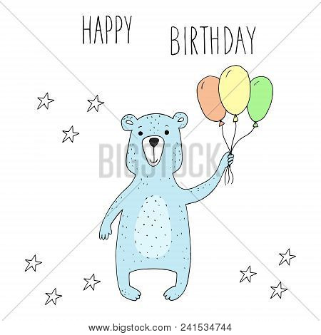 Vector Card With Cute Hand Drawn Bear. Vector Print.